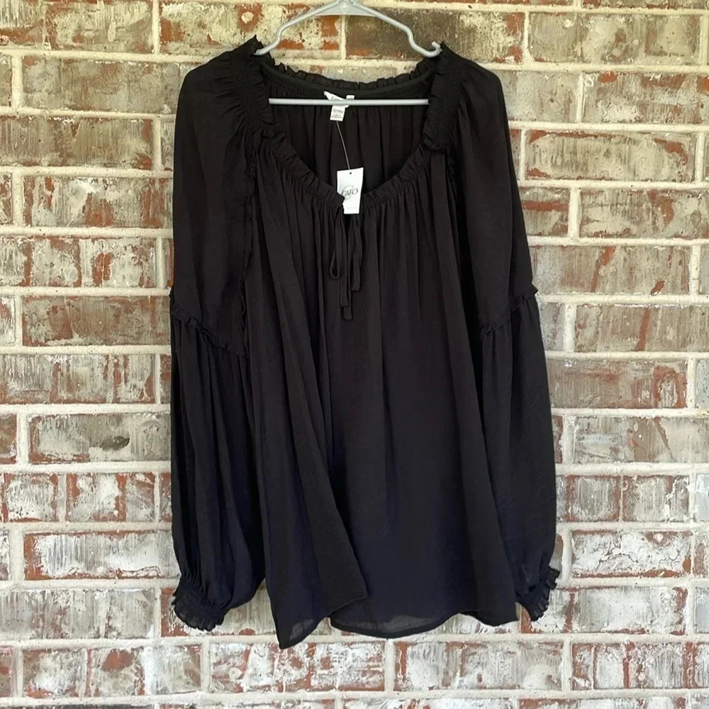 Cato Black Peasant Ruffled Neck Balloon Sleeved Gauzy Blouse